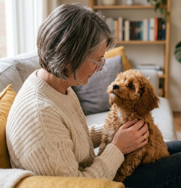 Izabel, the breeder, smiling warmly while holding a puppy